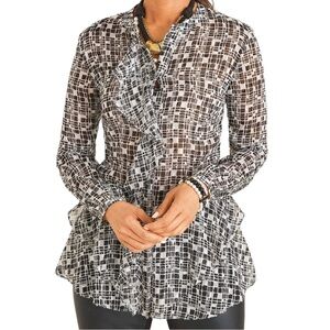 Chico’s Blouse Size 2=12/14 Black White With Sparkly Gold Thread Printed Ruffle